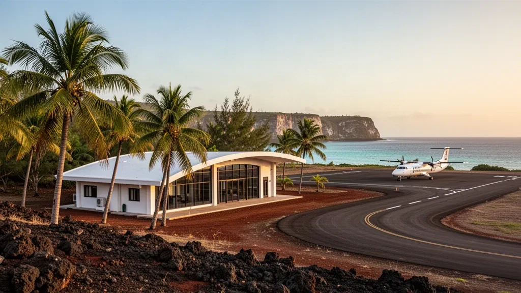 Modern white terminal and palm-lined apron at Sir Gaëtan Duval Airport on Rodrigues Island under warm golden-hour light