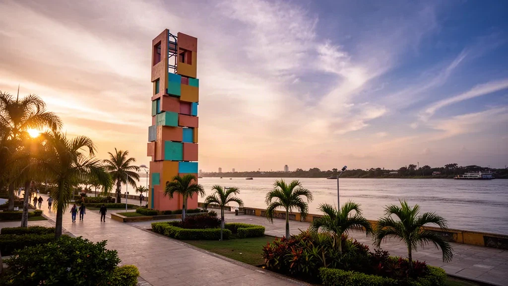 Veduta all'ora d'oro del Gran Malecón del Río e del lungofiume Magdalena a Barranquilla, Atlántico, Colombia