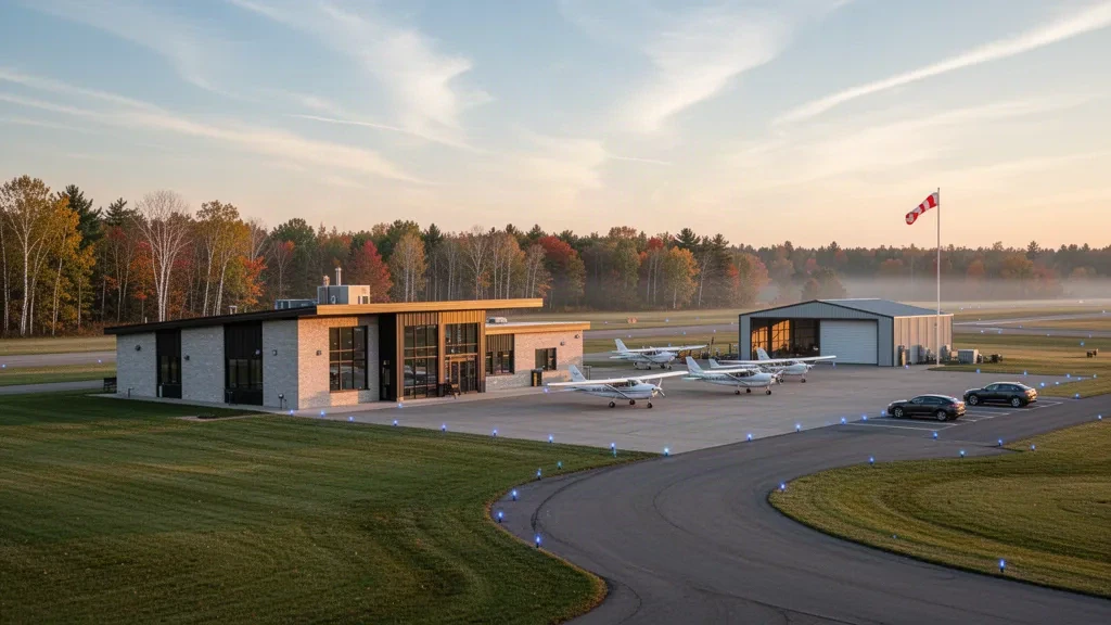 Kleines Terminal für die allgemeine Luftfahrt, Vorfeld und abgestellte Flugzeuge am Merrill Municipal Airport im Norden von Wisconsin zur goldenen Stunde