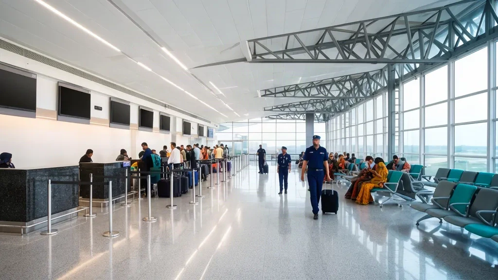 Interno moderno e luminoso del terminal RRK dell'Aeroporto di Rourkela in Odisha con banchi check-in, pareti in vetro e viaggiatori