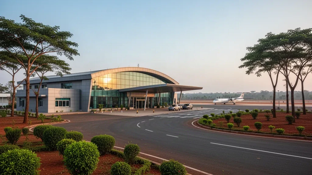 Odisha'daki Rourkela Havalimanı'nda sıcak altın saat ışığı altında modern cam terminal, ön avlu ve apron üzerinde bir bölgesel turboprop uçak.