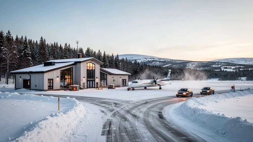 Aire de stationnement couverte de neige et terminal de faible hauteur à l'aéroport de Røros en Norvège, entourés d'une forêt d'épicéas hivernale