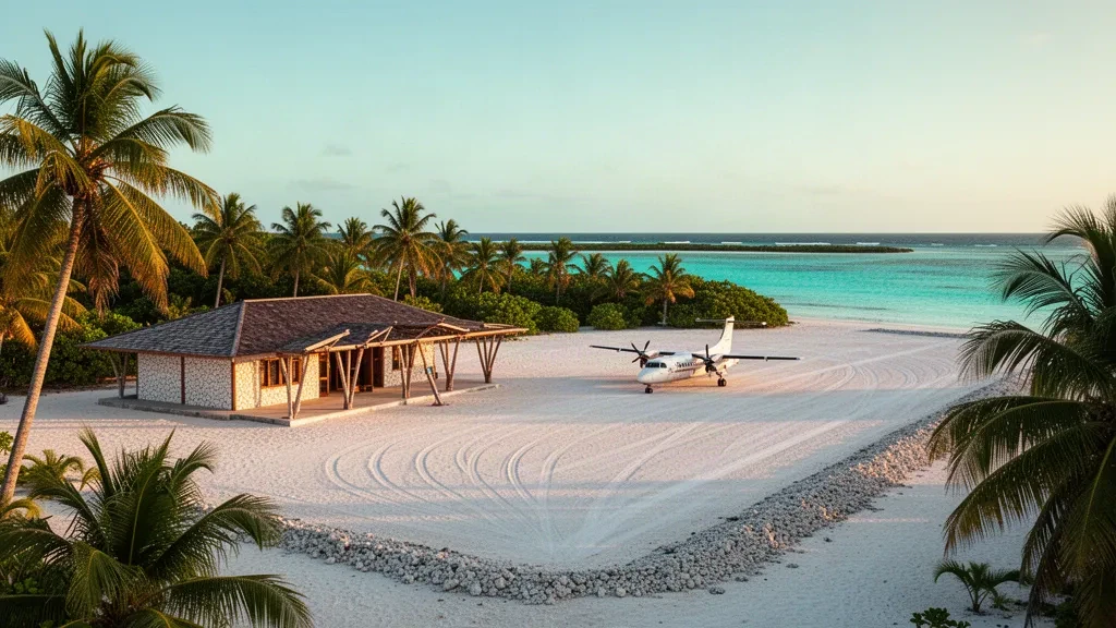 Aérodrome isolé de l’aéroport de Raroia sur un atoll corallien des Tuamotu en Polynésie française, avec une piste en corail concassé, des palmiers et un lagon turquoise