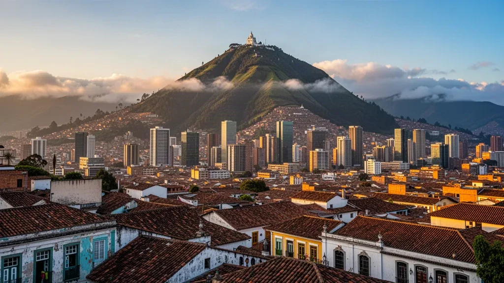 Skyline von Bogotá zur goldenen Stunde mit dem Monserrate-Berg hinter den Terrakotta-Dächern von La Candelaria in Kolumbien