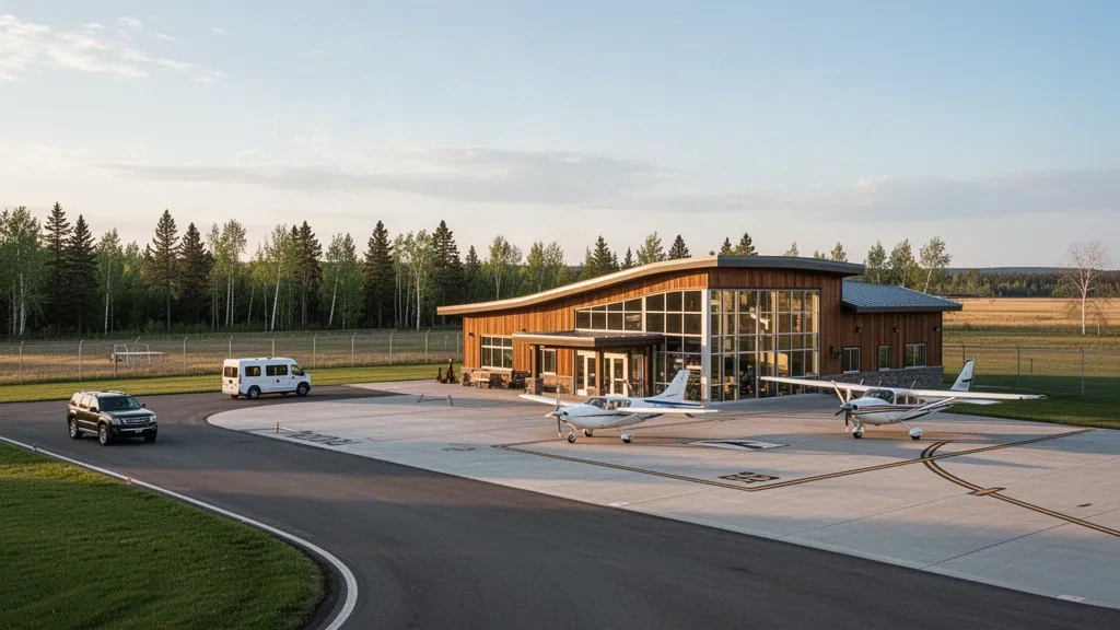 Bâtiment terminal moderne en verre et bois à l'aéroport Warroad International Memorial dans le nord du Minnesota, avec de petits avions stationnés sur le tarmac à l'heure dorée