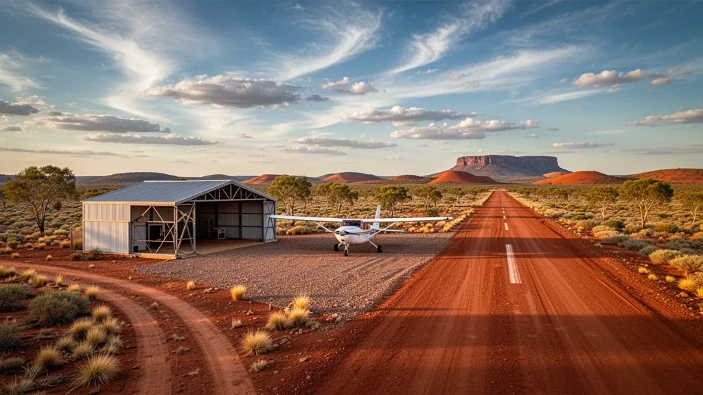 Remote Outback airstrip at Roseberth Airport in far western Queensland with a red-earth runway, light aircraft and golden-hour sky