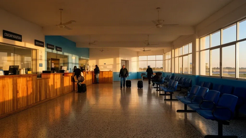 Intérieur de l'aéroport de Santa Rosa RSA en La Pampa, Argentine, avec un hall d'enregistrement, des passagers en attente et une lumière naturelle chaleureuse.