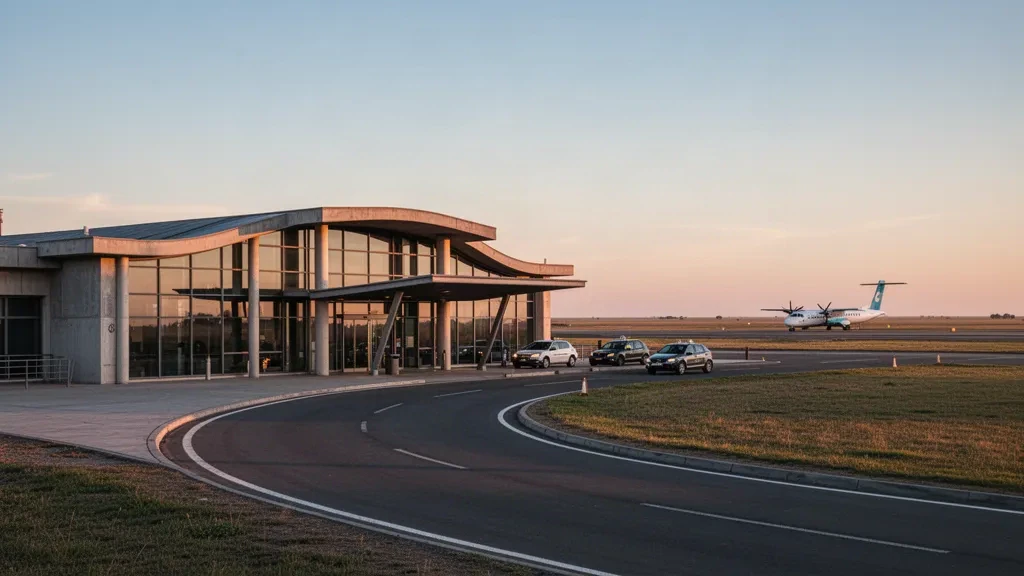Arjantin'in La Pampa kentindeki Santa Rosa Havalimanı'nda sıcak altın saat ışığıyla parlayan modern terminal ve bırakma şeridi