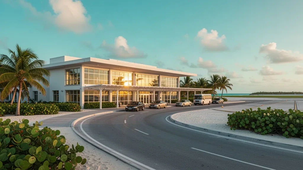 Bahamalar, Eleuthera'daki Rock Sound Uluslararası Havalimanı terminali, palmiye ağaçları ve güneşli bir yolcu indirme şeridi