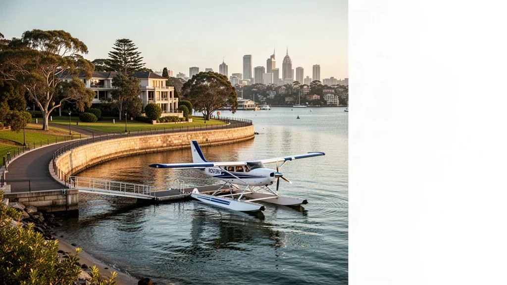 Idrovolante ormeggiato alla Rose Bay Seaplane Base sul porto di Sydney con acqua calma, parco sul lungomare e luce mattutina soffusa.
