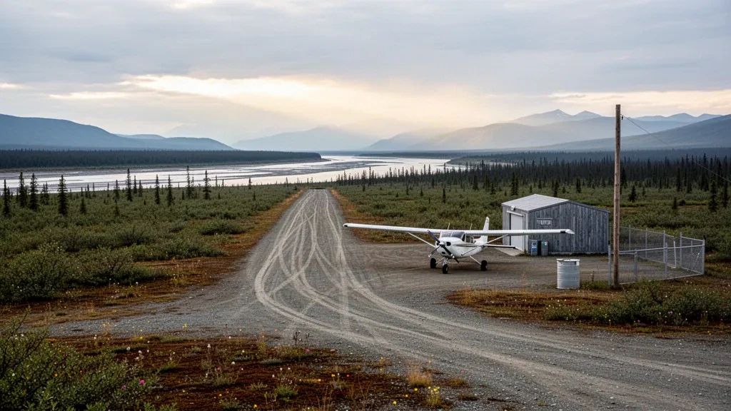 Piste en gravier et petit avion de brousse à l'aéroport de Russian Mission en Alaska, entourés de toundra, du fleuve Yukon et de collines lointaines à l'heure dorée