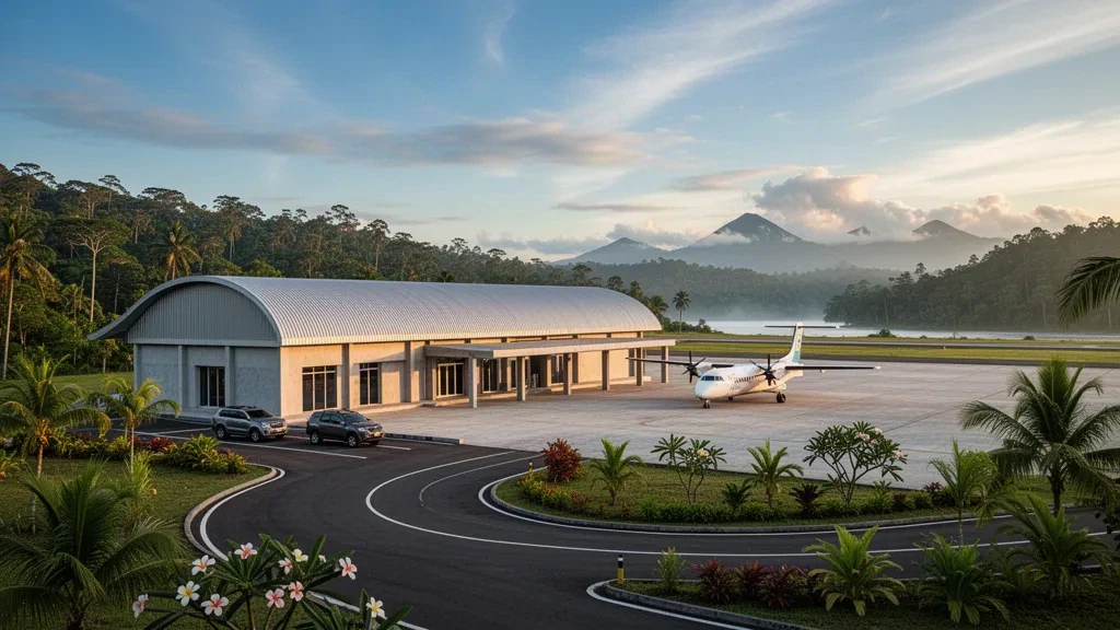 Tropical terminal, apron and access road at Abresso Airport in Ransiki, West Papua, framed by rainforest hills