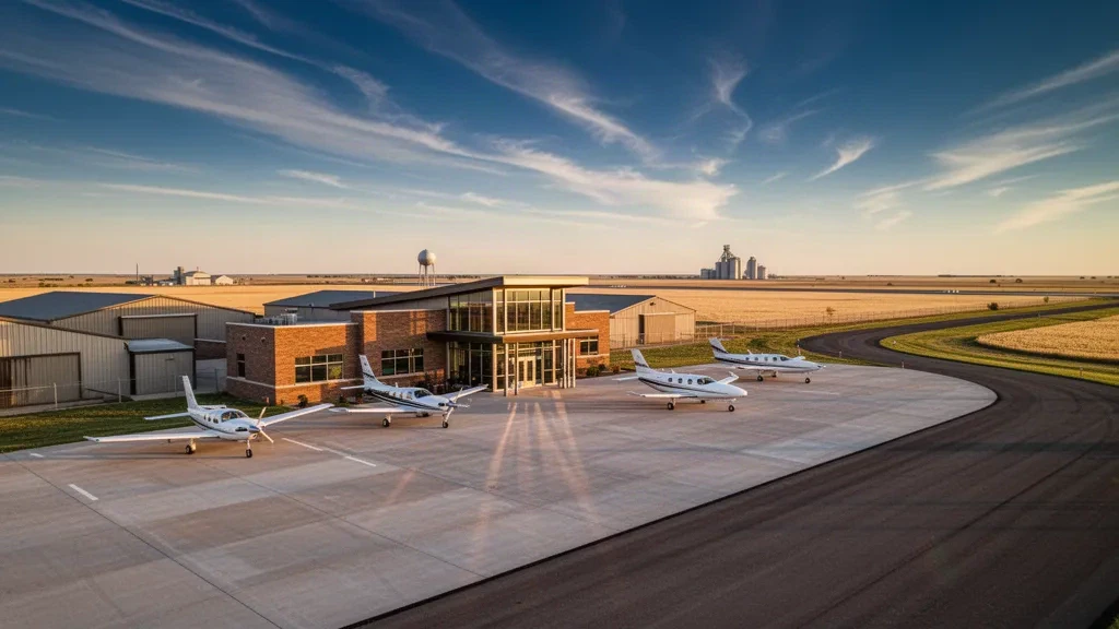 Small general aviation terminal and apron at Russell Municipal Airport in Kansas, with hangars, parked aircraft and a prairie horizon at golden hour