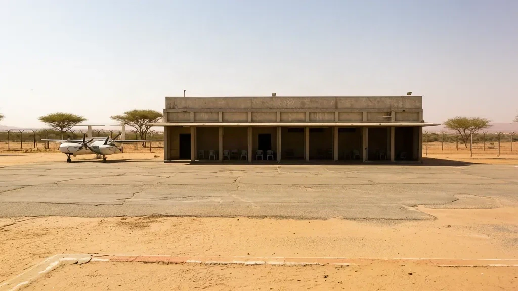 Edificio terminal basso in cemento e piazzale polveroso all'aeroporto di Damazin nello Stato del Nilo Azzurro, Sudan, sotto il sole splendente di mezzogiorno