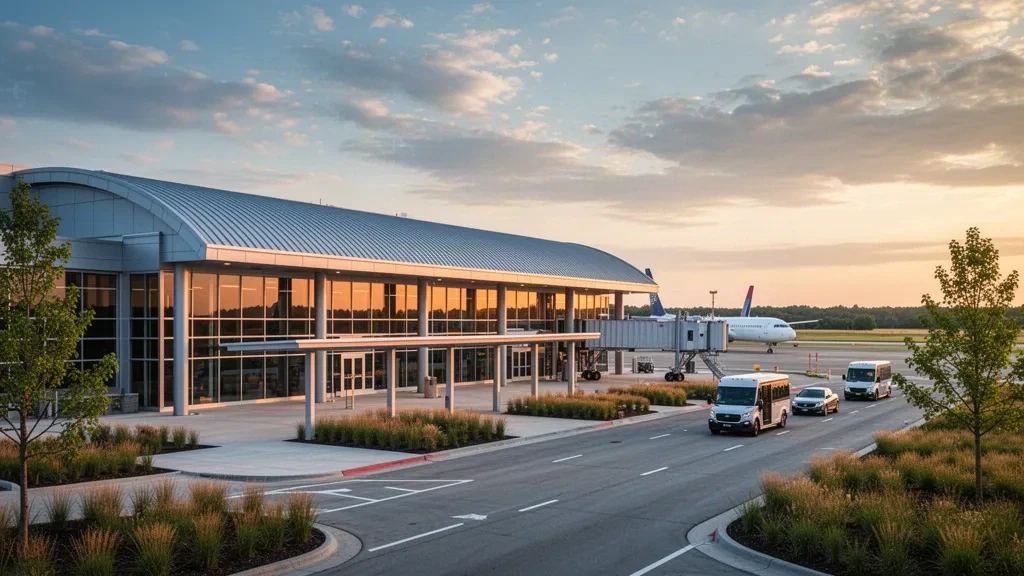 Exterior moderno de terminal de cristal y carriles de recogida en la acera del Aeropuerto Internacional de Rochester en Minnesota en una tarde de hora dorada