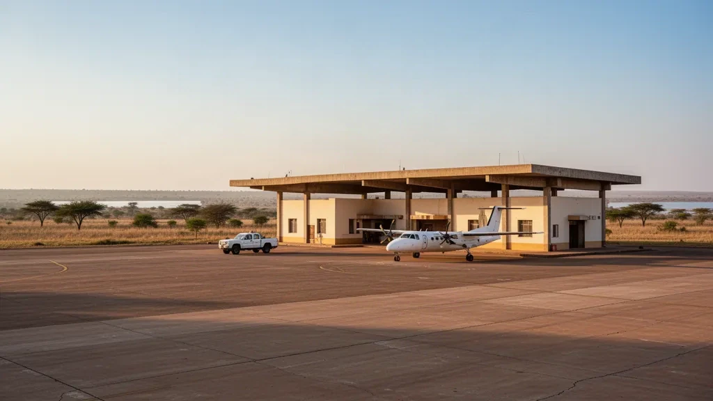 Sudan'daki Damazin Havalimanı'nda küçük bölgesel terminal binası ve parke taşlı apron, sıcak öğleden sonra ışığında park etmiş bir turboprop uçak