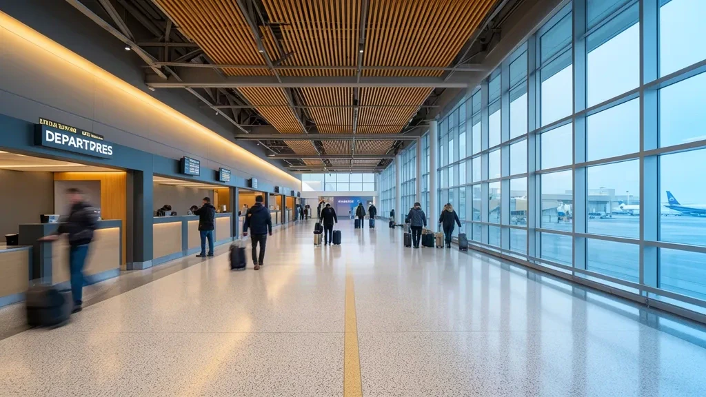 Minnesota'daki Rochester Uluslararası Havalimanı RST'nin aydınlık check-in ve kalkış salonunda bagajlarıyla yolcular