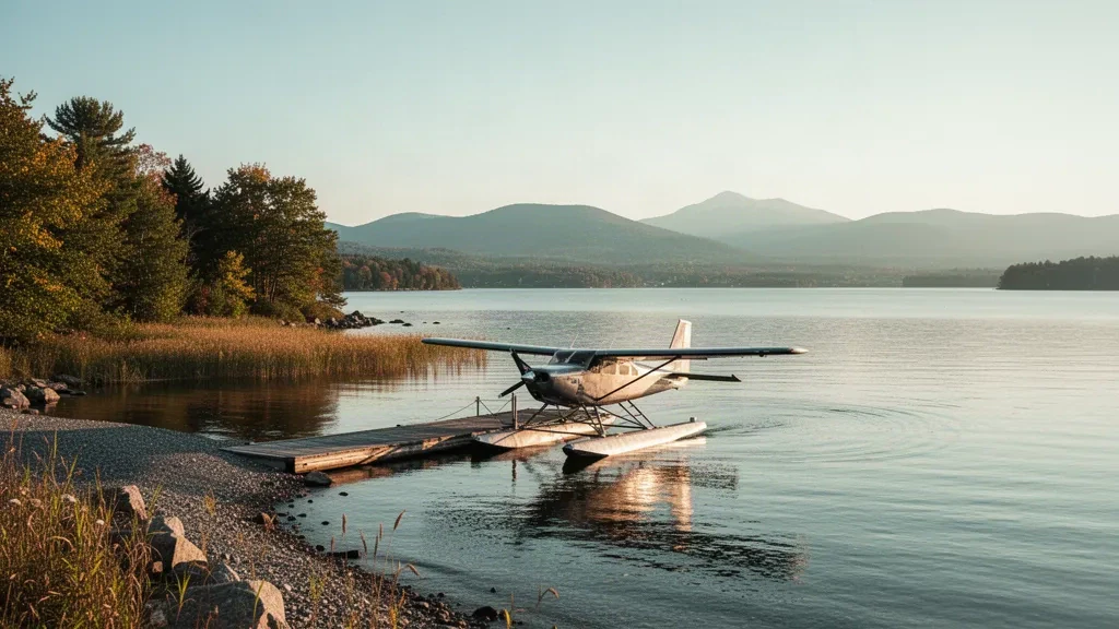 Seaplane moored at a wooden dock on Lake Champlain at Rouses Point, New York, with autumn shoreline and distant mountains at golden hour.