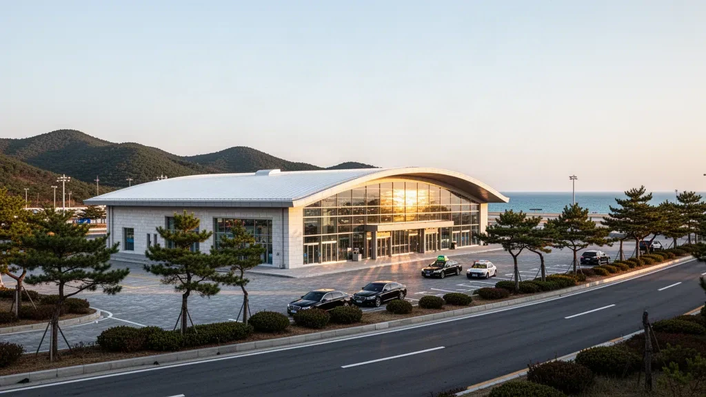 Moderno terminal in vetro e corsia curva di sosta all'aeroporto di Yeosu in Corea del Sud, illuminati dal sole del tramonto con colline costiere sullo sfondo.