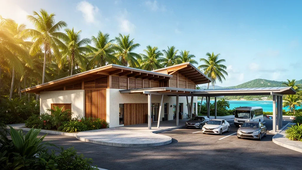 Exterior tropical de la terminal del Aeropuerto Internacional Juan Manuel Gálvez en Roatán con palmeras, carril de descenso y luz cálida de la tarde