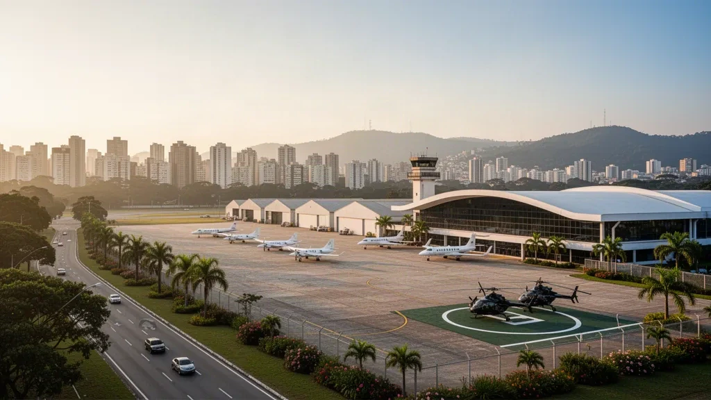 Campo de Marte Flughafen in São Paulo zur goldenen Stunde, mit Terminal, Hangars und am Vorfeld geparkten Executive-Jets