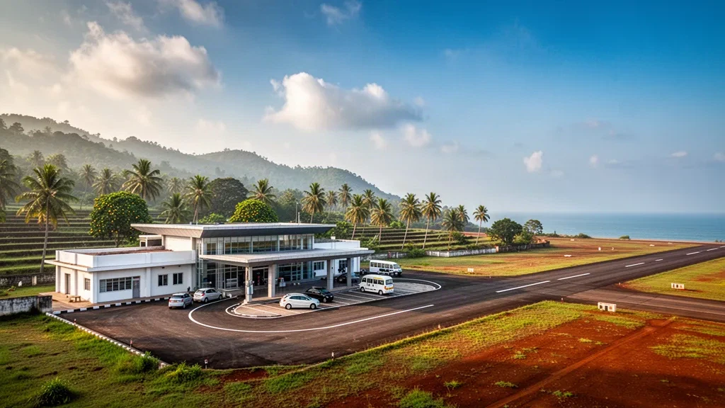 Terminal de poca altura y pista del Aeropuerto de Ratnagiri en la costa de Konkan, Maharashtra, rodeados de palmeras y colinas verdes.