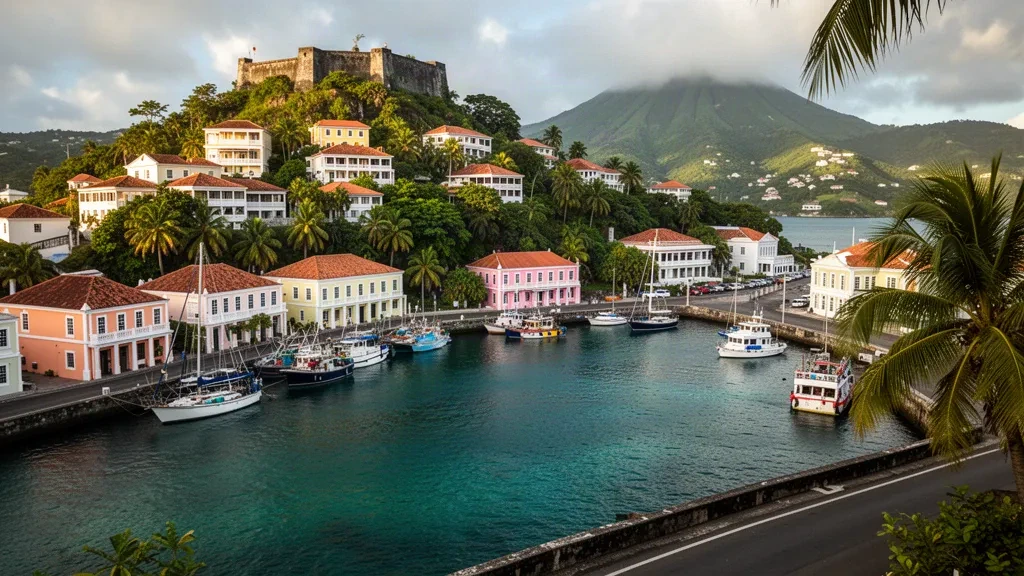 Grenada'daki St. George's limanı; pastel renkli yamaç evleri, tekneler ve sıcak tropikal öğleden sonra ışığı altında turkuaz Karayip suları