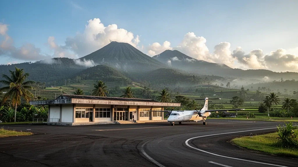 Small highland terminal and apron at Frans Sales Lega Airport in Ruteng, Flores, ringed by green hills in soft morning light