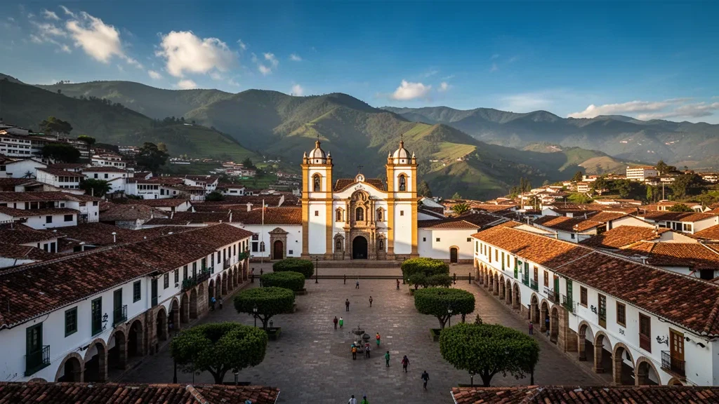 Plaza de Bolívar coloniale et cathédrale à Tunja, Boyacá, Colombie, encadrées par les crêtes des hauts plateaux andins et des toits de terre cuite
