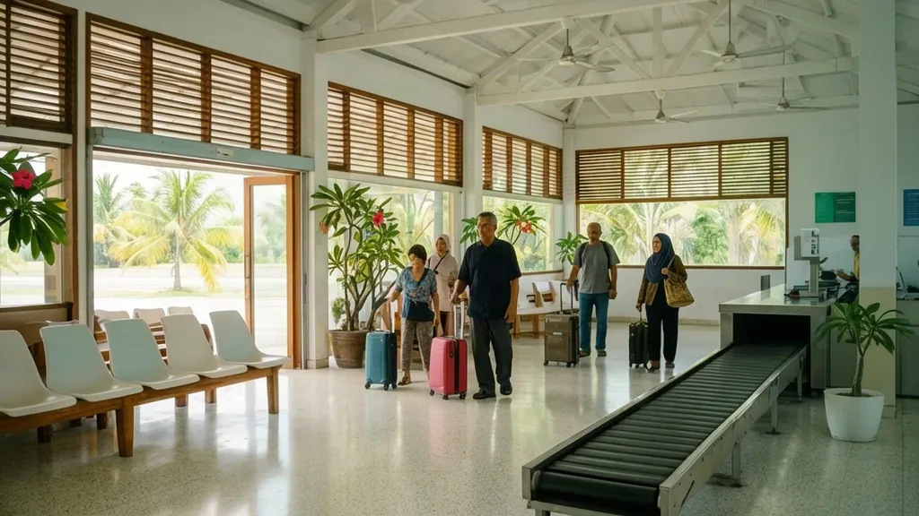 Passeggeri con bagagli all'interno della luminosa sala tropicale del terminal dell'aeroporto David Constantijn Saudale sull'isola di Rote, in Indonesia