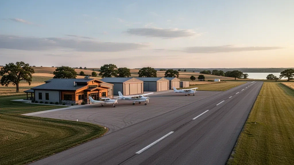 Small municipal general aviation airport in Iowa at golden hour, with hangars, parked light aircraft and a runway stretching toward prairie hills.