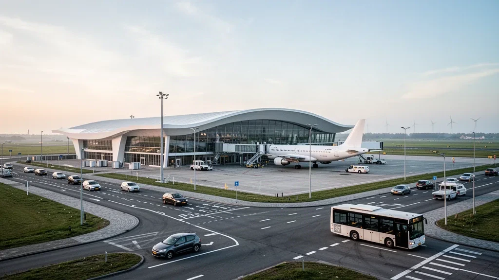 Exterior moderno de terminal de cristal y plataforma con un jet estacionado en el aeropuerto de Róterdam La Haya bajo una suave luz de hora dorada