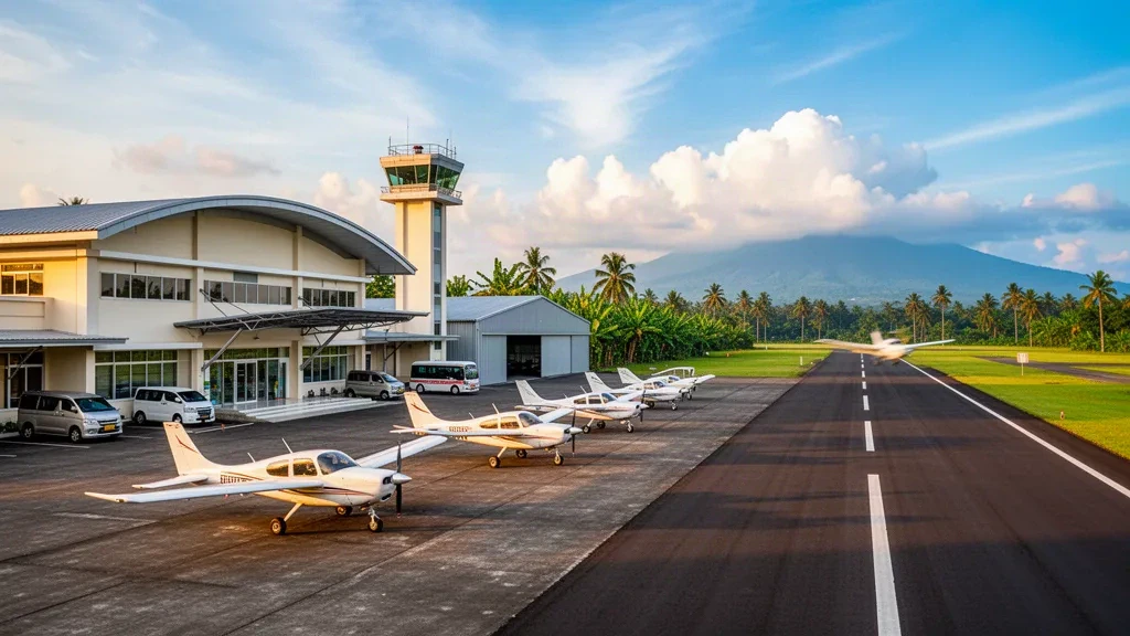Aeropuerto Budiarto en Curug, Tangerang: terminal de baja altura, torre de control y aviones ligeros de entrenamiento en una plataforma tropical a la hora dorada