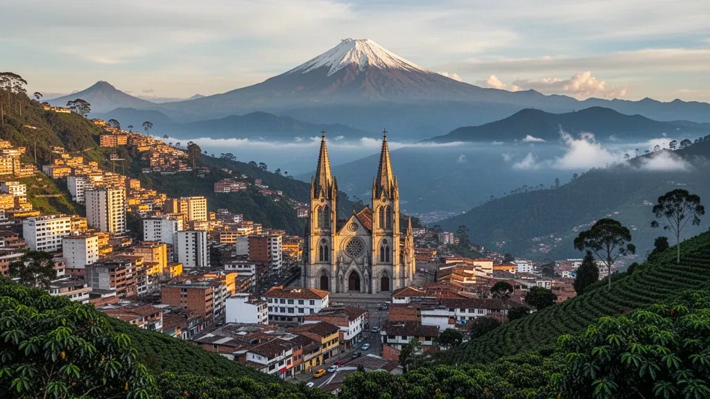 Catedral de Manizales de estilo neogótico elevándose sobre la ciudad andina en Caldas, Colombia, con el volcán Nevado del Ruiz en el horizonte a la hora dorada