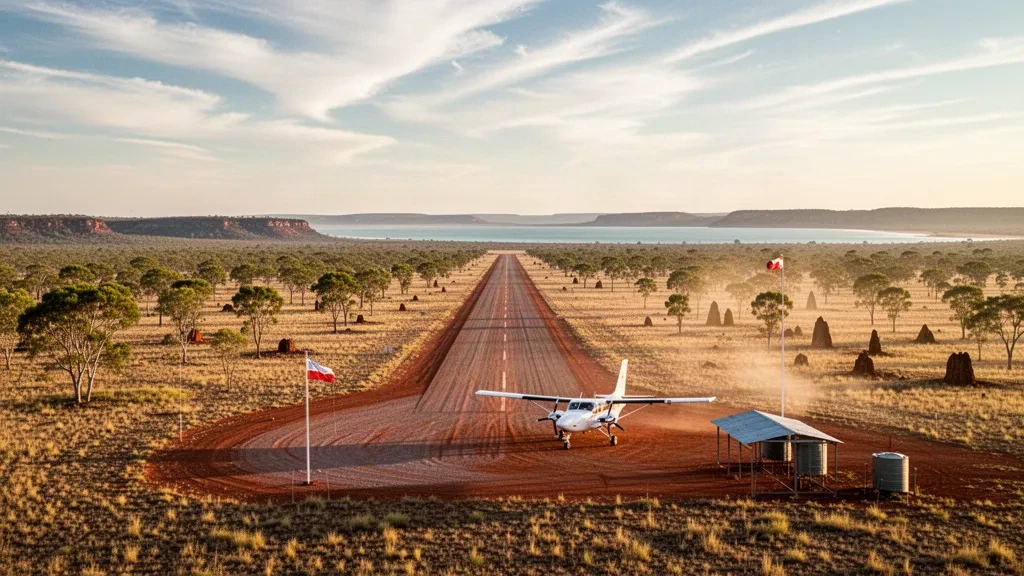 Pista remota del outback en el aeropuerto de Rutland Plains, en el extremo norte de Queensland, Australia, con un pequeño turbohélice estacionado junto a una pista de tierra roja a la hora dorada