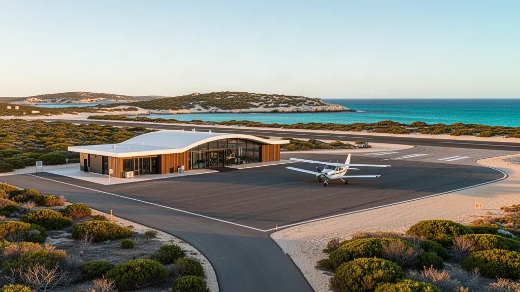 Wide view of Rottnest Island Airport terminal, apron and runway at golden hour with coastal scrub and turquoise ocean beyond.