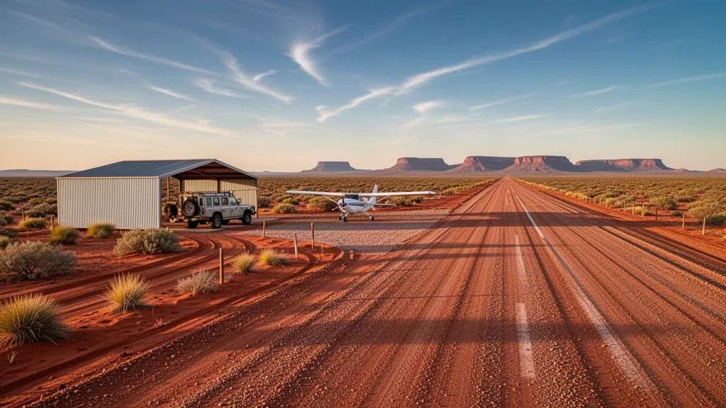 Piste d'atterrissage isolée de l'outback à l'aéroport de Merty Merty, dans le désert de Strzelecki en Australie-Méridionale, avec un avion léger à l'heure dorée