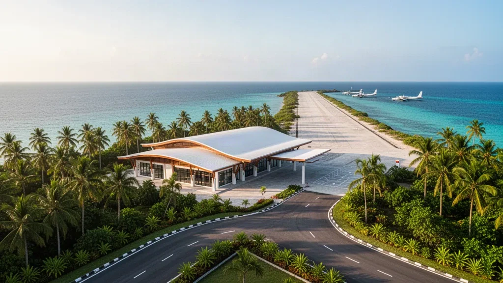 Derawan Adaları'ndaki Maratua Havalimanı'nda palmiye ağaçları ve turkuaz denizle çevrili modern ada terminali ve pisti