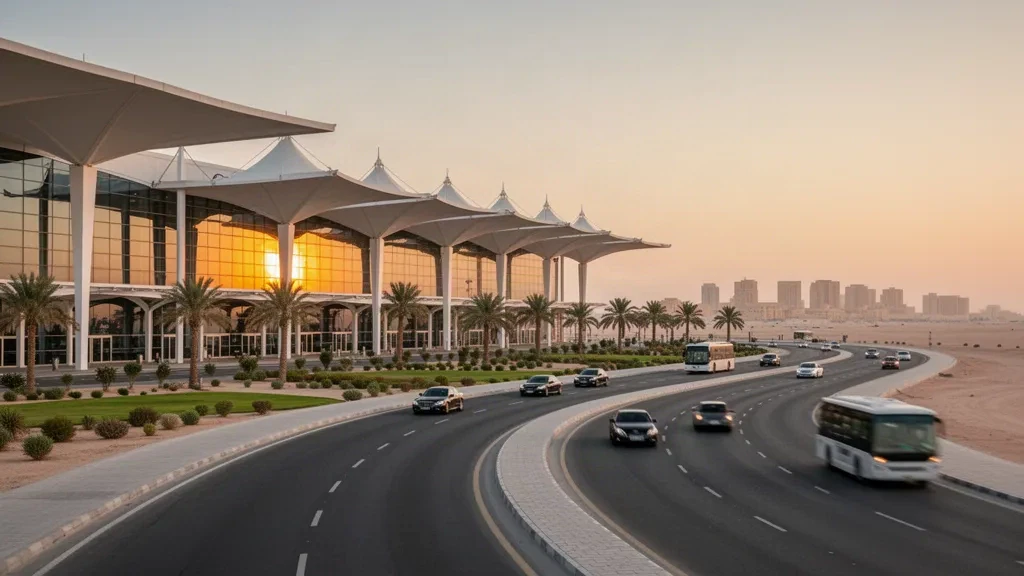 Cars and buses move along the drop-off lanes outside the modern glass terminal of King Khalid International Airport in Riyadh under warm desert light.