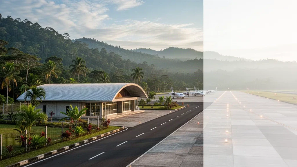 Small tropical airport terminal and apron at Yuruf Airport in Papua, Indonesia, with commuter aircraft and forested hills