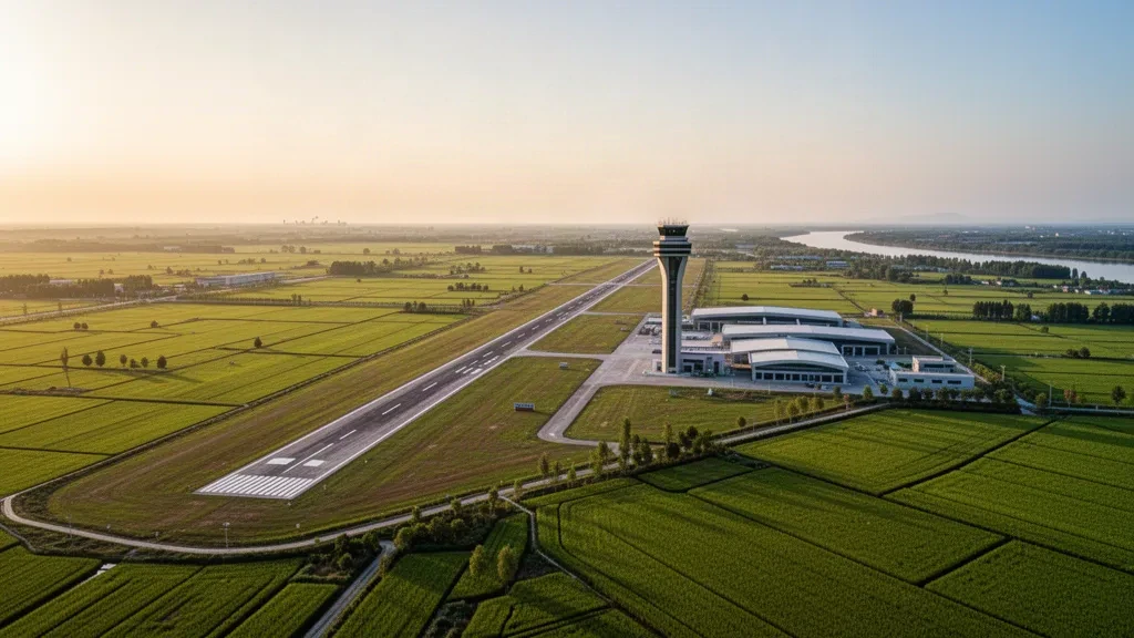 Luftaufnahme der Start- und Landebahn sowie des Kontrollturms des Rugao Air Base, umgeben von grünen Ackerflächen in Jiangsu, China.