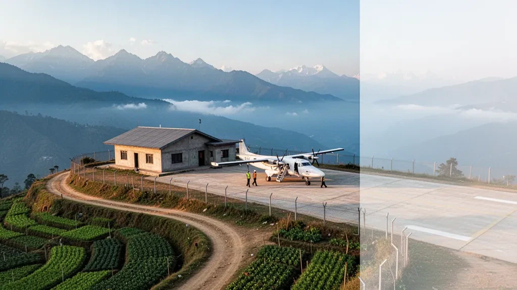 Small hillside terminal and turboprop aircraft on the apron at Rumjatar Airport in Okhaldunga, Nepal, ringed by green Himalayan foothills