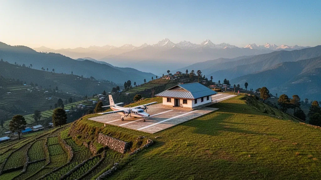 Hilltop airstrip and small terminal of Rukum Chaurjahari Airport in Nepal, with a turboprop aircraft and terraced hills at golden hour.