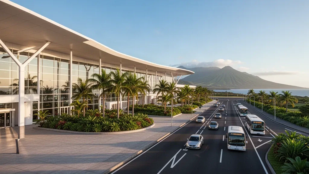 Exterior de la terminal del aeropuerto Roland Garros en Reunión con carriles de descenso flanqueados por palmeras y picos volcánicos bajo la luz dorada del atardecer