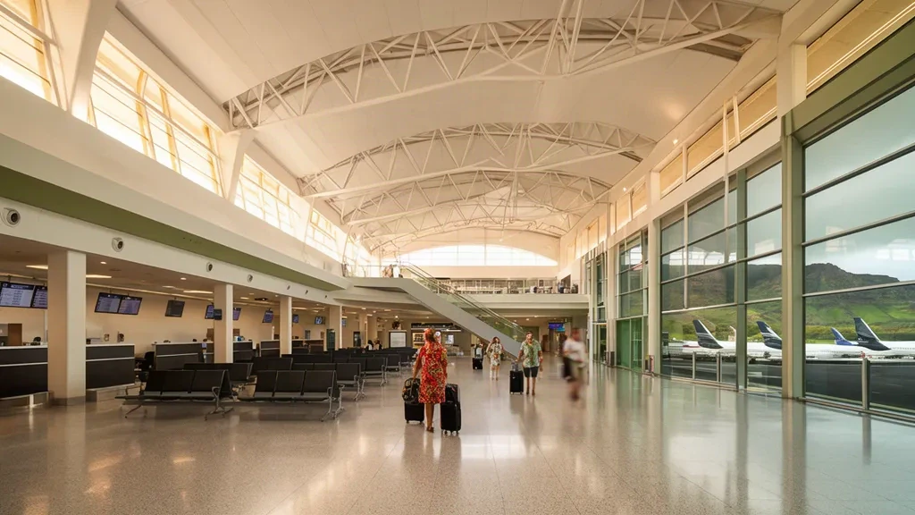 Interno luminoso della sala partenze dell'aeroporto Roland Garros a Riunione con banchi check-in, pareti di vetro e luce tropicale