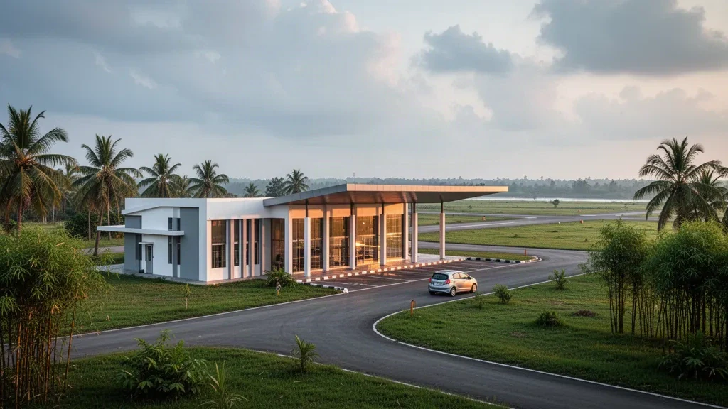 Flaches Glas-Terminal und Abholspur am Flughafen Rupsi in Dhubri, Assam, umgeben von grünen Palmen zur goldenen Stunde