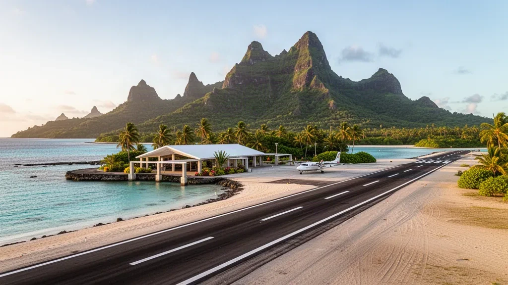 Flughafen Rurutu in Französisch-Polynesien mit kleiner Küstenlandebahn, Lagune und offenem Inselterminal im sanften Morgenlicht