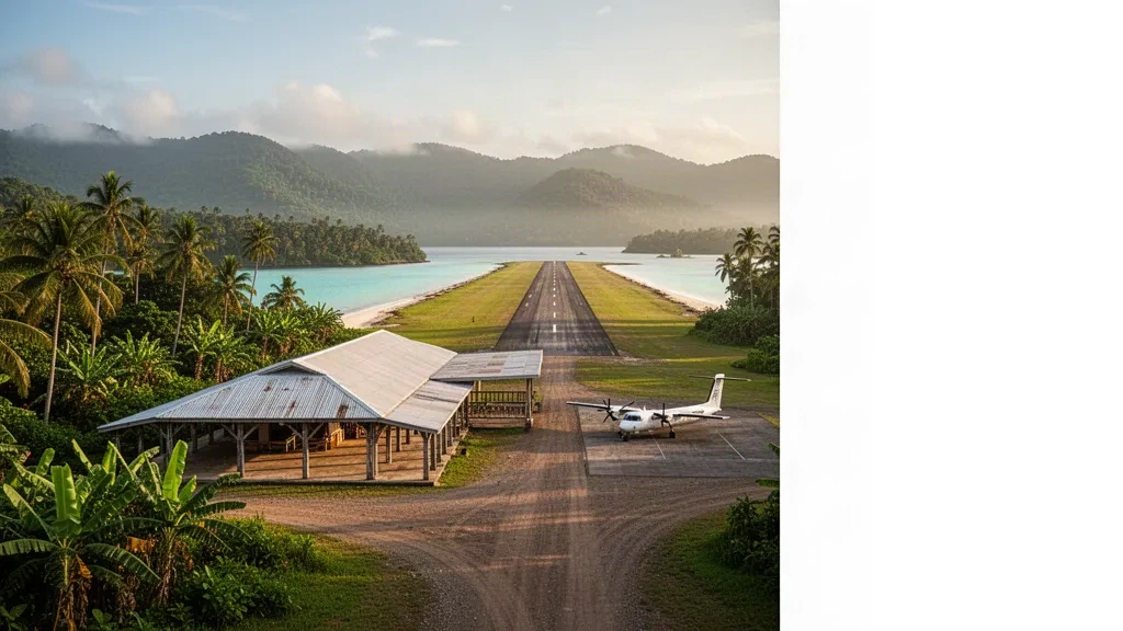 Tropische Landebahn des Flughafens Marau an der Lagunenküste von Guadalcanal mit kleinem offenem Terminal, Palmen und Licht zur goldenen Stunde