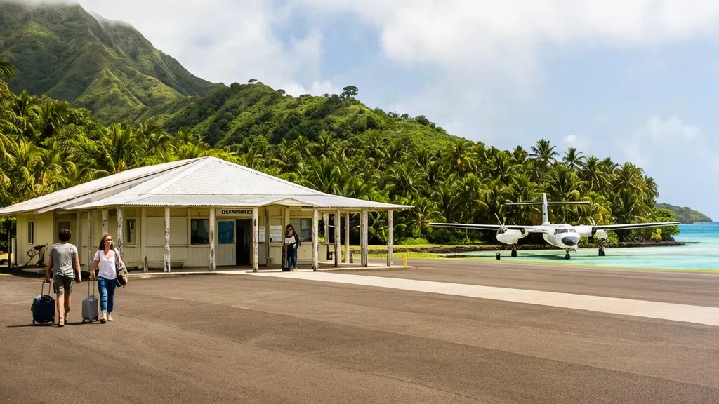 Petit terminal à ciel ouvert de l'aéroport de Rurutu, dans les îles Australes de Polynésie française, entouré de palmiers, de la piste et de collines tropicales