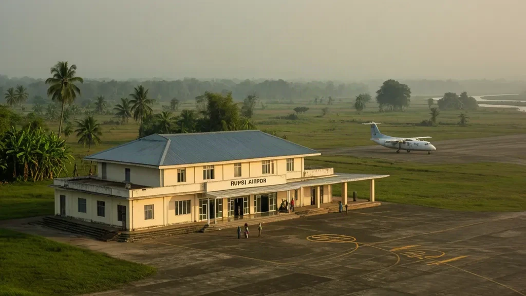 Edificio terminal basso e piazzale in cemento all'aeroporto di Rupsi a Dhubri, Assam, circondato da vegetazione verde della pianura alluvionale